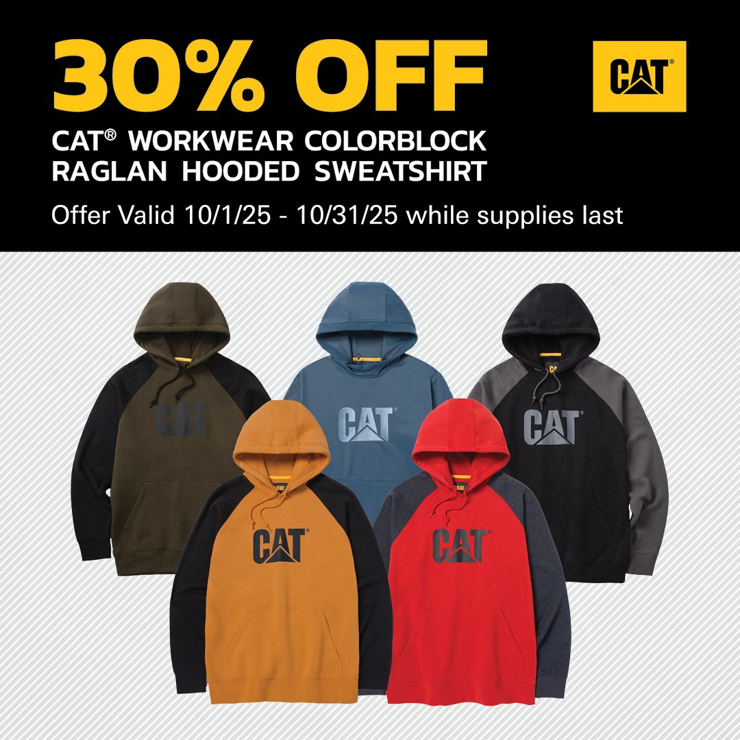 30% OFF CAT Workwear Colorblock Raglan Hooded Sweatshirt Offer Valid October 1-October 31