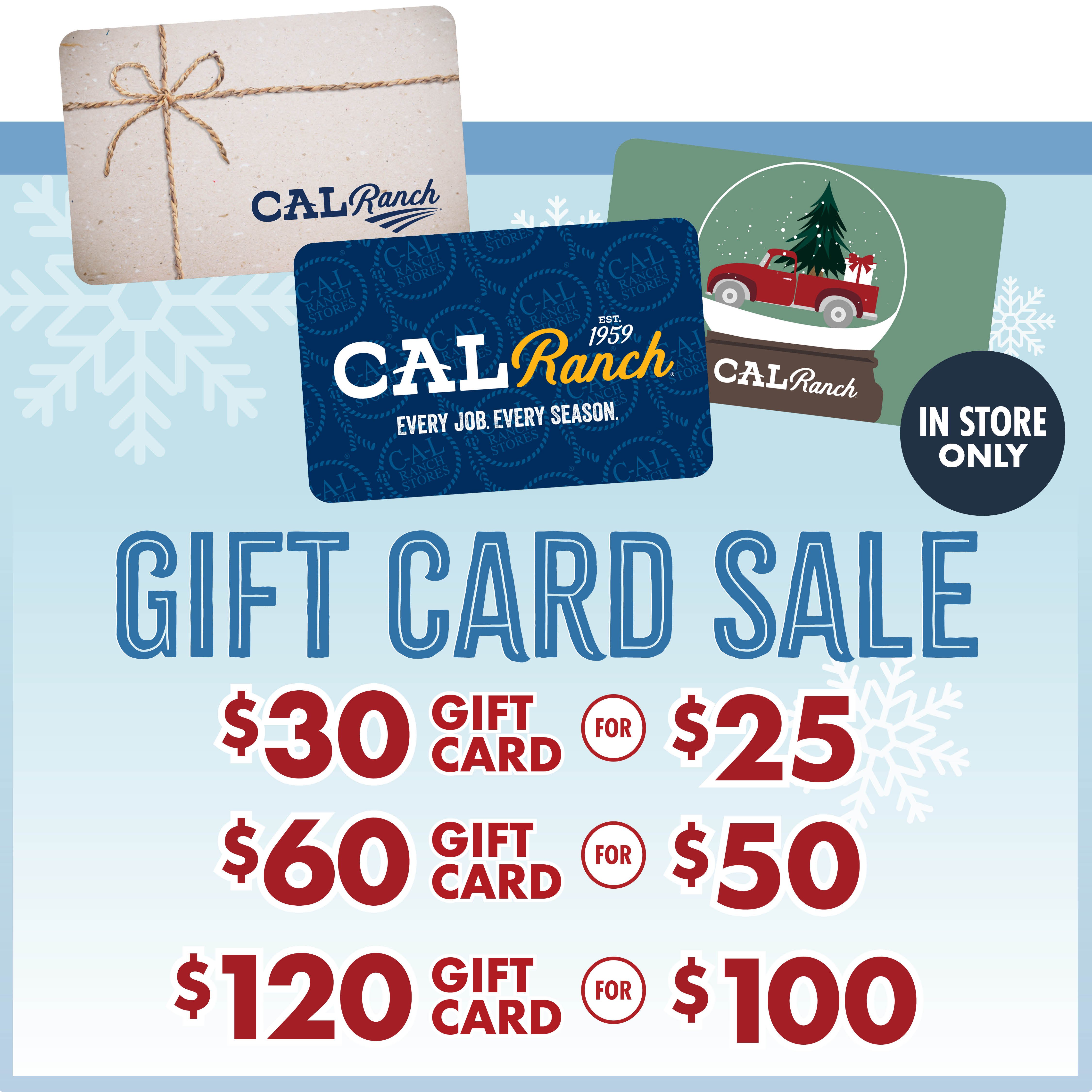 GIFT CARD SALE $30 Gift Card for $25 $60 Gift Card for $50 $120 Gift Card for $100
