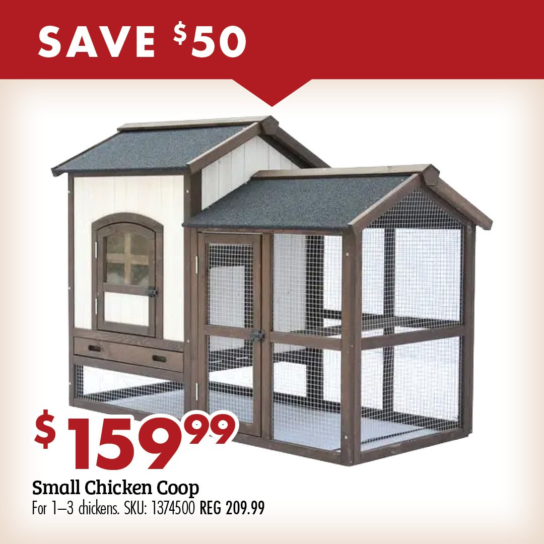 SAVE $50 $159.99 Small Chicken Coop for 1-3 chickens. SKU: 1374500 REG 209.99