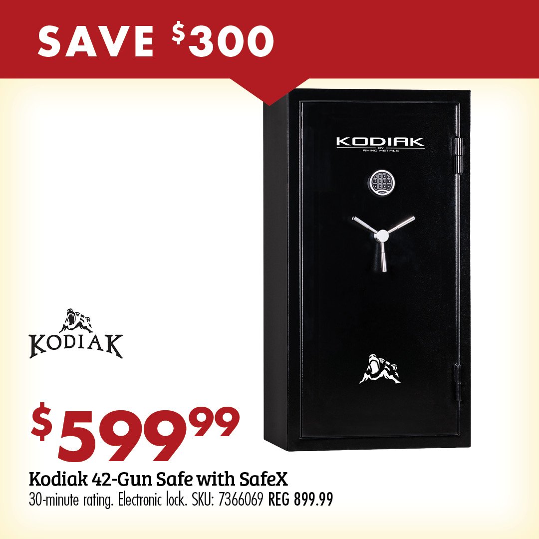 SAVE $300 $599.99 Kodiak 42-Gun Safe with SafeX 30-minute rating. Electronic lock. SKU: 7366069 REG 799.99