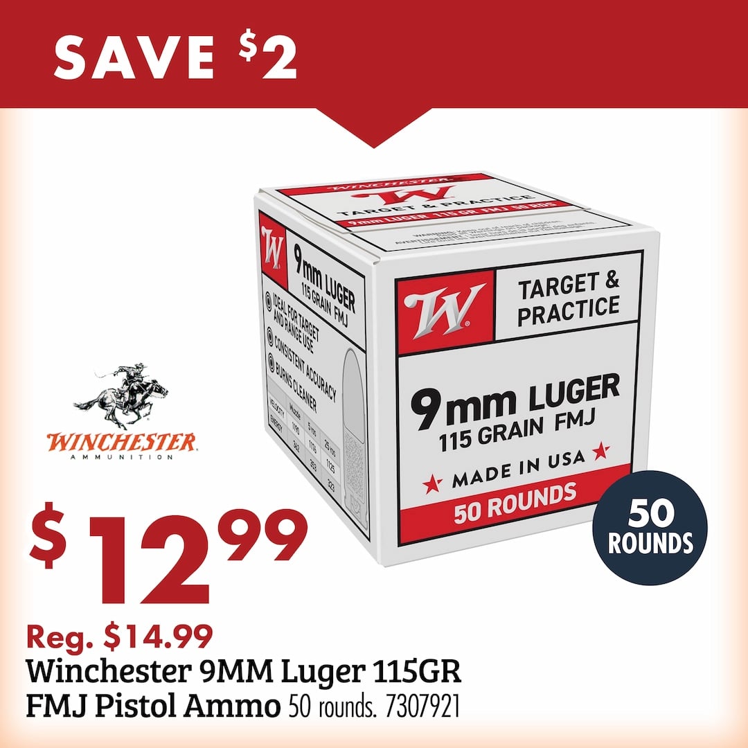 SAVE $2 WINCHESTER AMMUNITION TARGET PRACTICE & PRACTICE 9 mm LUGER 115 GRAIN FMJ MADE IN USA 50 ROUNDS $12.99 Reg. $14.99 Winchester 9MM Luger 115GR FMJ Pistol Ammo 50 rounds. 7307921