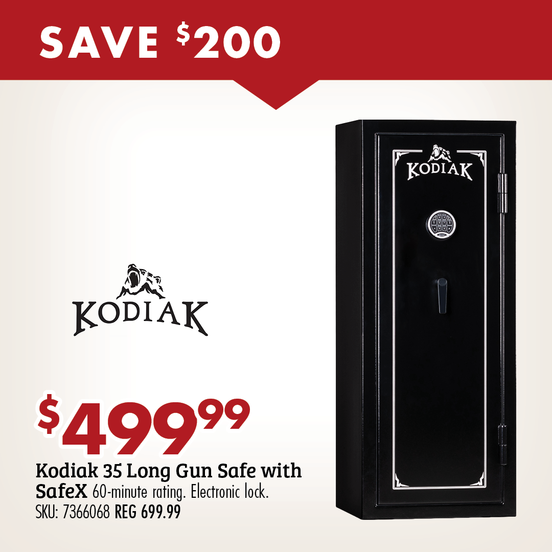 SAVE $200 $499.99 Kodiak 35 Long Gun Safe with SafeX 60-minute rating. Electronic lock. SKU: 7366058 REG 699.99