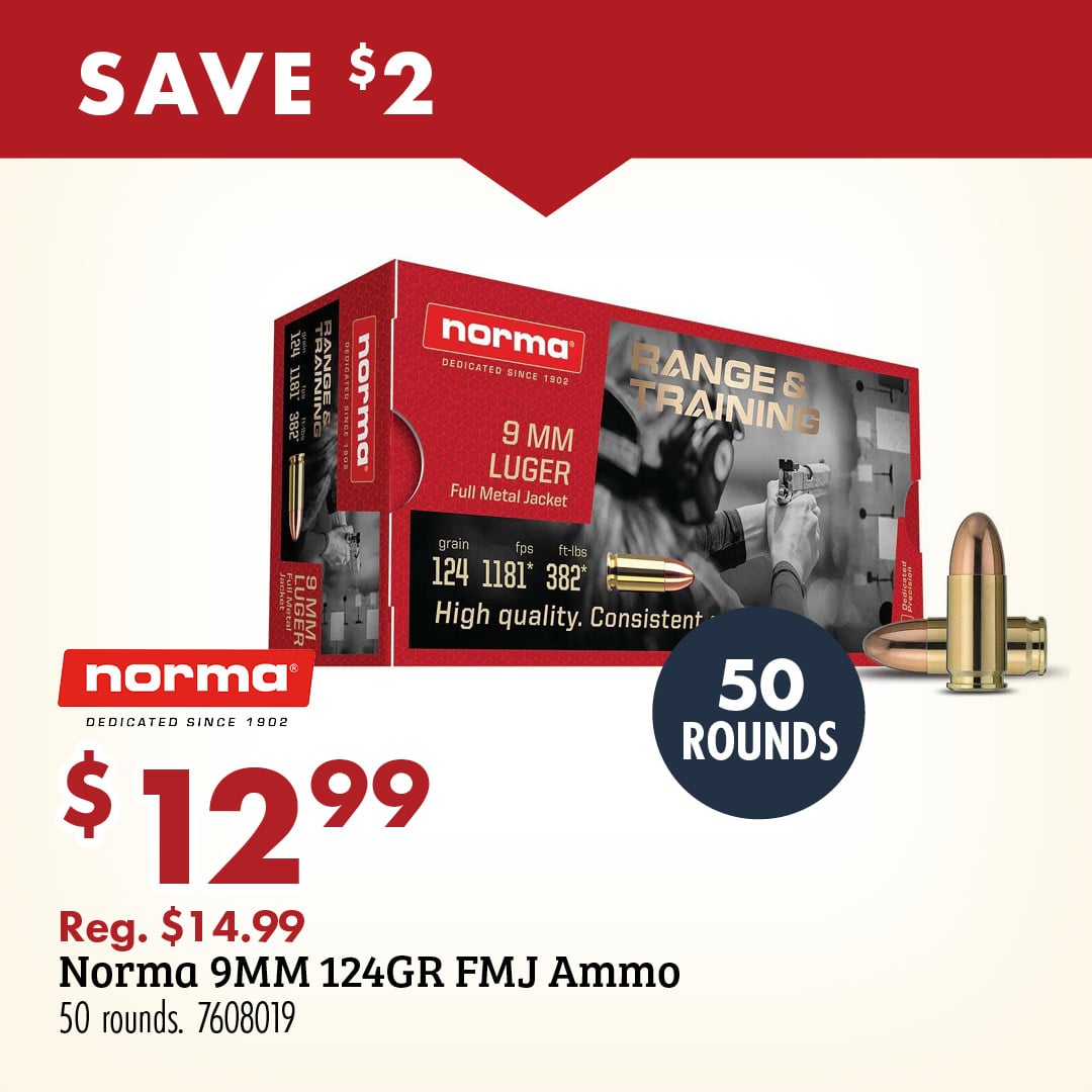 SAVE $2 norma $12.99 Reg. $14.99 Norma 9MM 124GR FMJ Ammo 50 rounds. 7608019