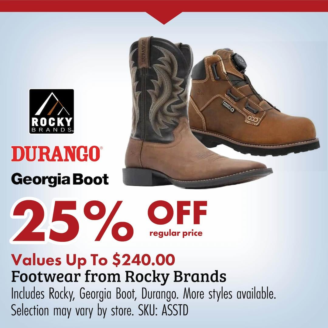 25% OFF regular price Values up to $240.00 Footwear from Rocky Brands Includes Rocky, Georigia Boot, Durango, More styles available Selection may vary by store. SKU: ASSTD