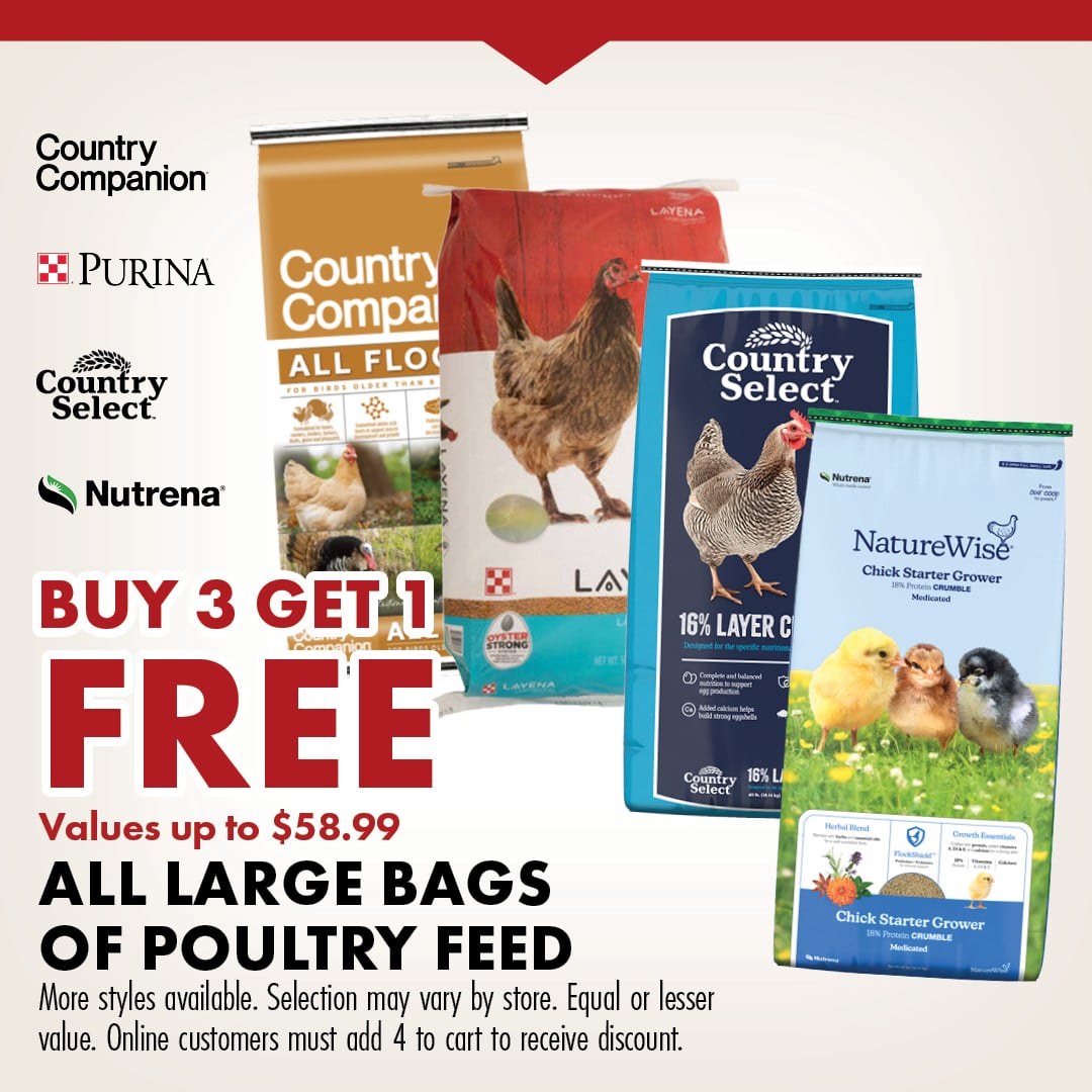 Country Companion PURINA Country Select Nutrena BUY 3 GET 1 FREE Values up to $58.99 ALL LARGE BAGS OF POULTRY FEED More styles available. Selection may vary by store. Equal or lesser value. Online customers must add 4 to cart to receive discount. 
