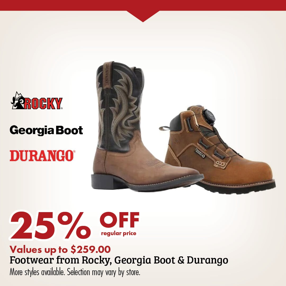 ROCKY Georgia Boot DURANGO 25% OFF regular price Values up to $259.00 Footwear from Rocky, Georgia Boot & Durango More styles available. Selection may vary by store.