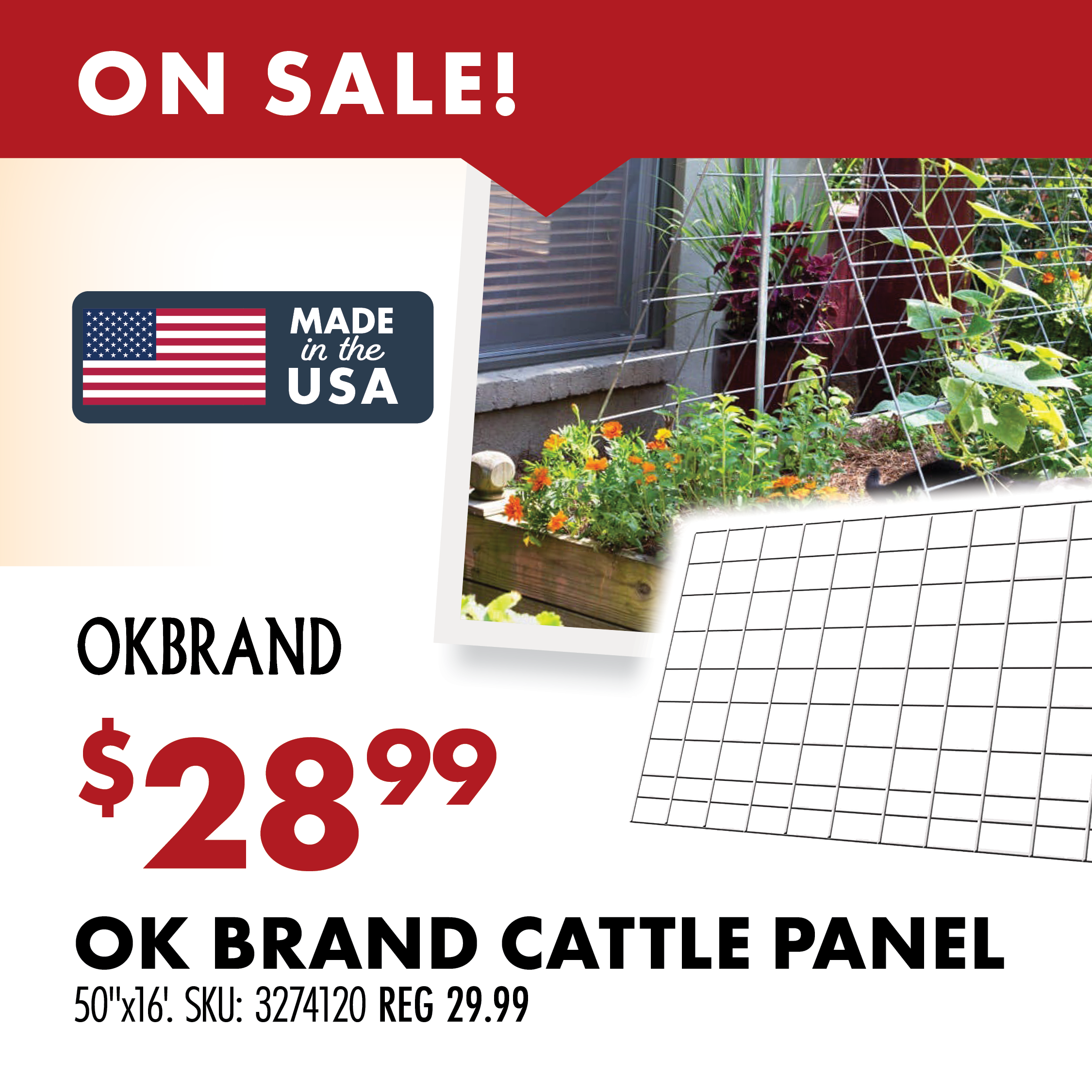 ON SALE! $28.99 OK BRAND CATTLE PANEL 50'X16' SKU: 3274120 REG 29.99