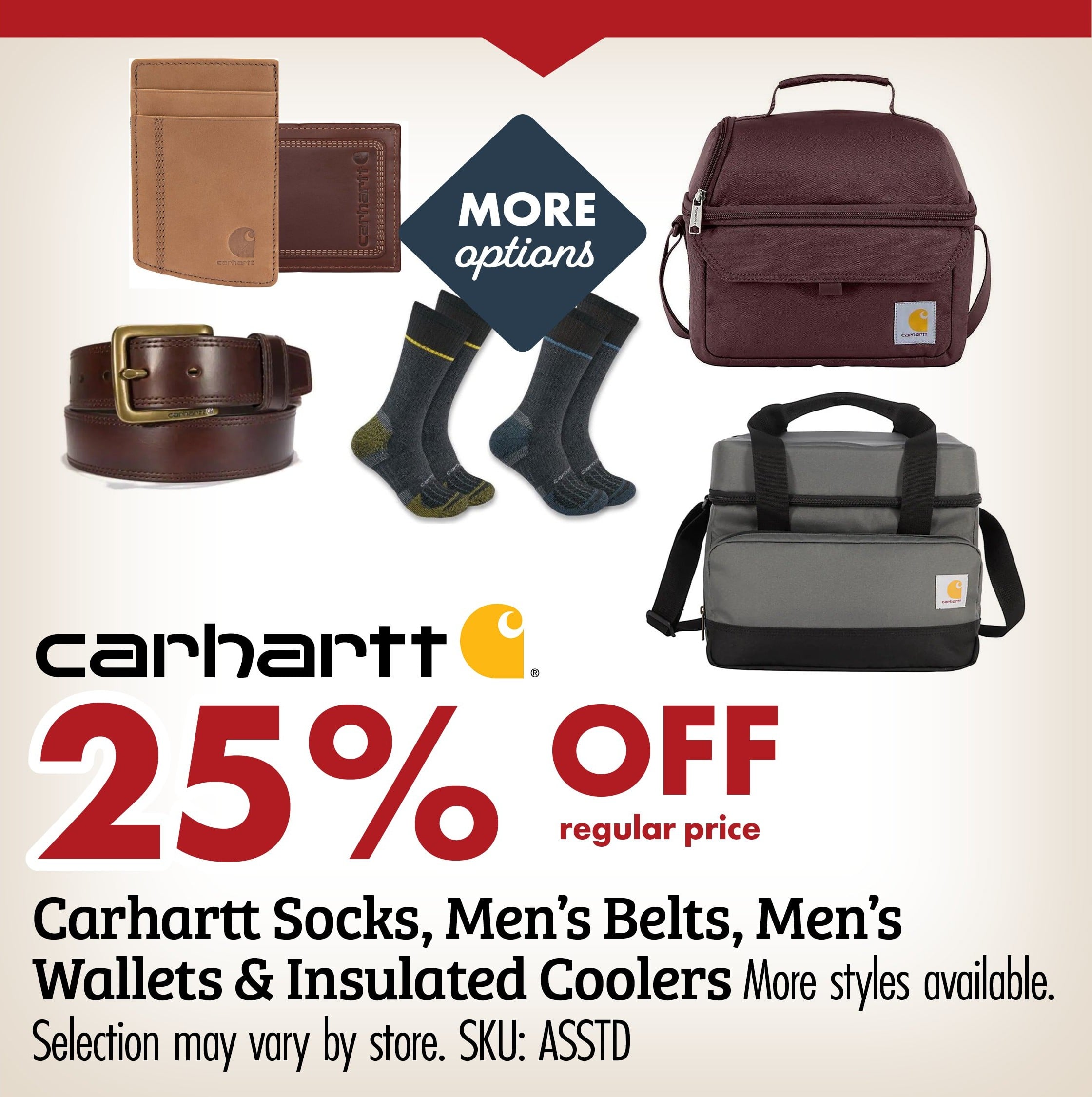 Carhartt Socks Men's Belt Men's Wallets & Insulated Coolers More styles available. Selection may vary by store. SKU: ASSTD