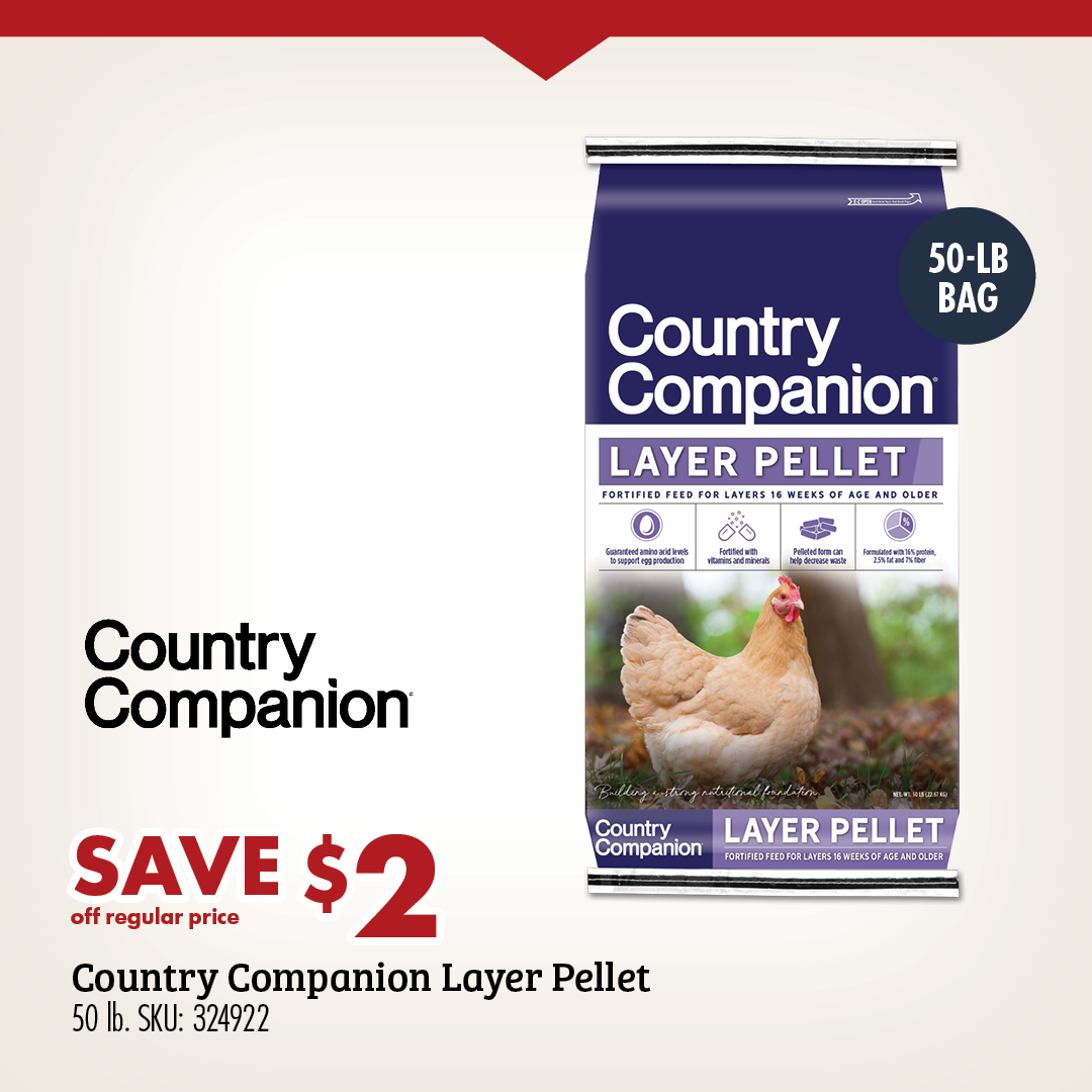Country Companion SAVE $2 off regular price Country Companion Layer Pellet 50 lb. SKU: 324922