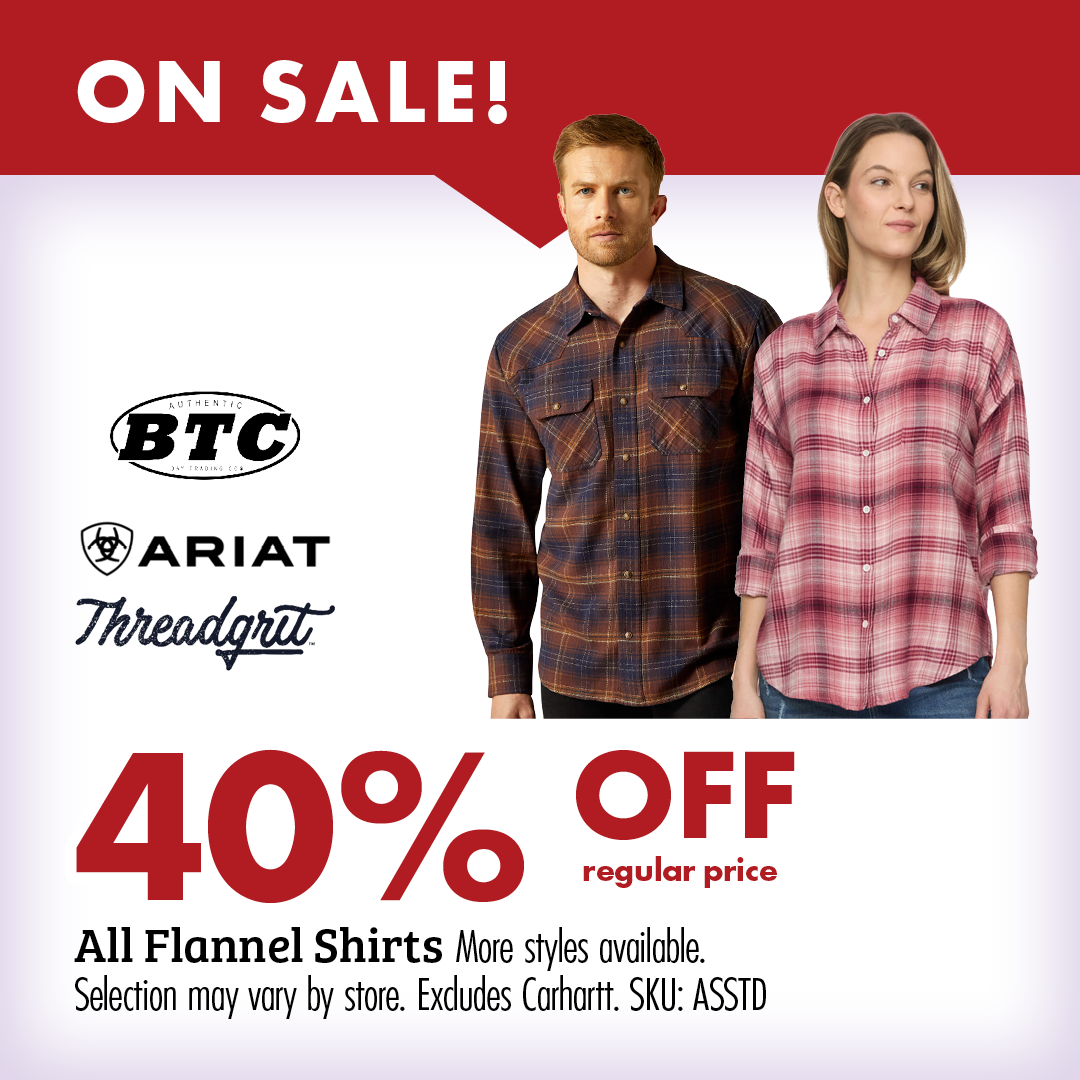 ON SALE! 40% OFF regular price All Flannel Shirts More styles available. Selection may vary by store. Excludes Carhartt. SKU ASSTD