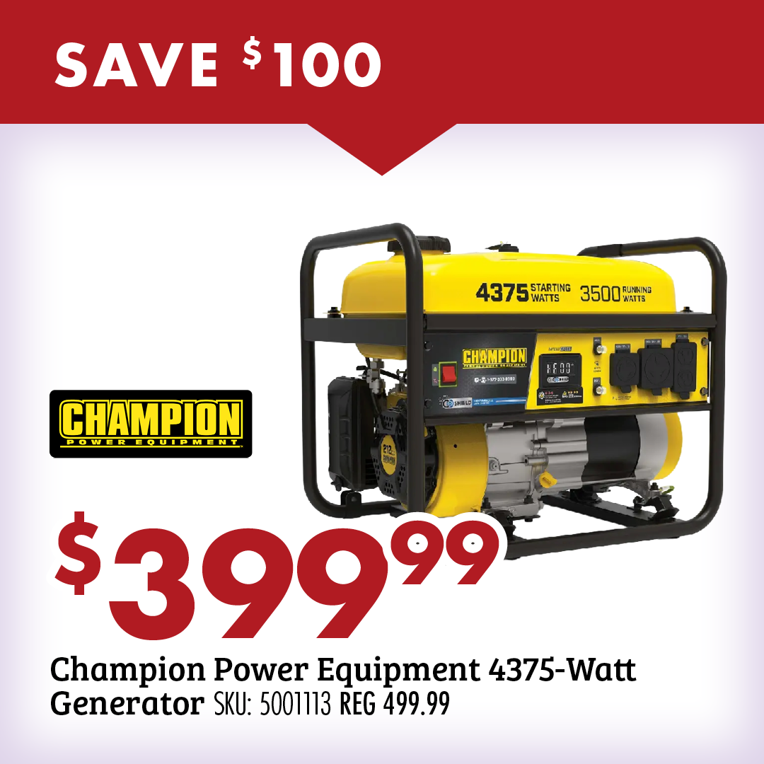 SAVE $100 $399.99 Champion Power Equipment 4375-Watt Generator SKU: 5001113 REG. 499.99