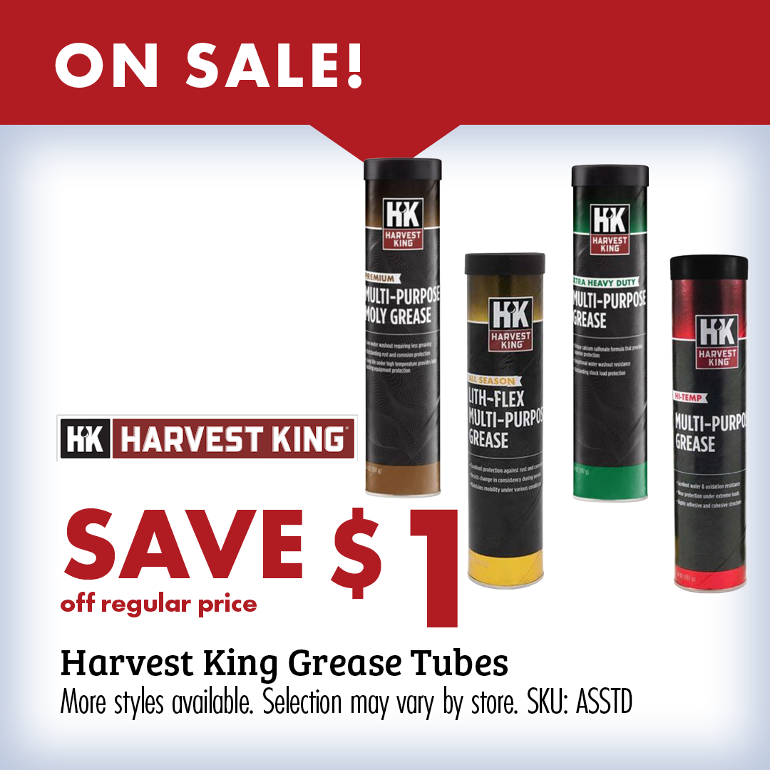 ON SALE! Save $1 off regular price Harvest King Grease Tubes More styles available. Selection may vary by store. SKU: ASSTD