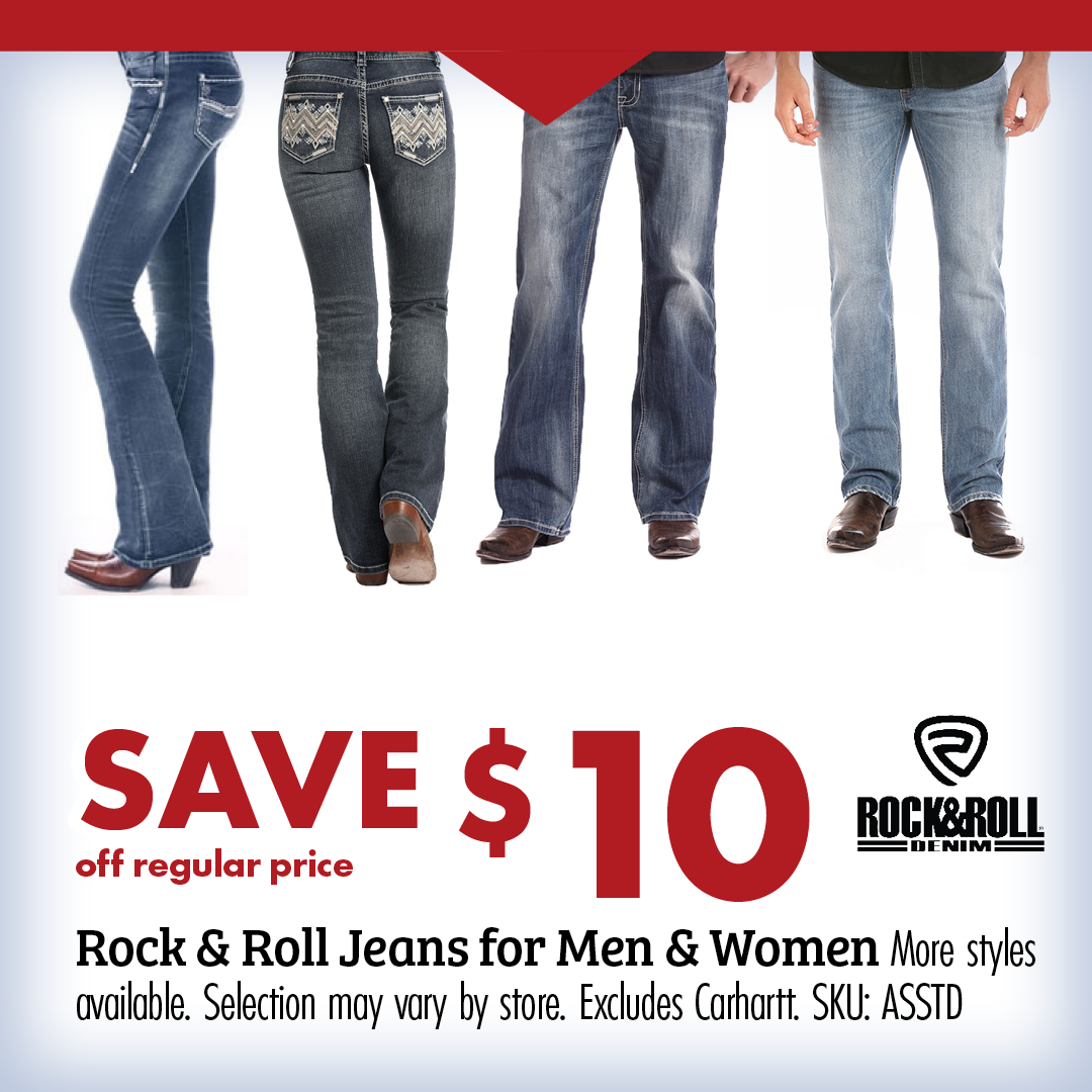 Save $10 off regular price Rock & Roll Jeans for Men & Women More styles available. Selection may vary by store. Excludes Carhartt SKU: ASSTD