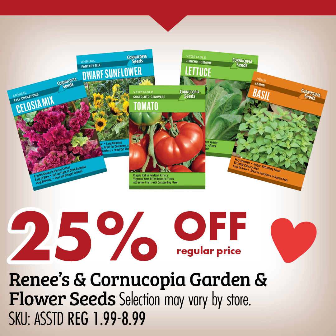 25% OFF regular price Renee's & Cornucopia Garden & Flower Seeds Selection may vary by store. SKU: ASSTD REG 1.99-8.99