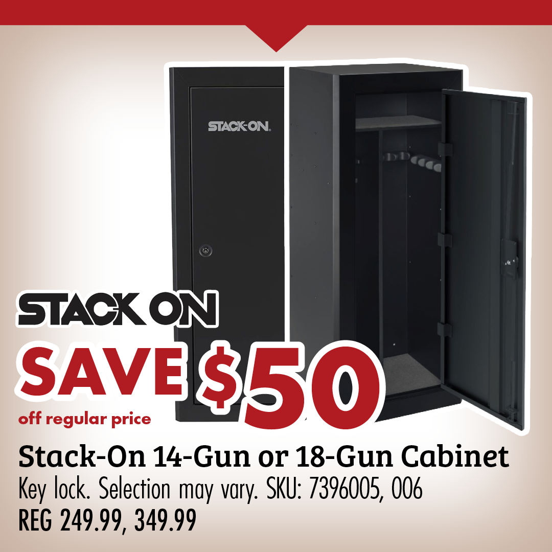 SAVE $50 off regular price Stack-On 14-Gun or 18-Gun Cabinet Key lock. Selection may vary. SKU: 7396005, 006 REG 249.99, 349.99
