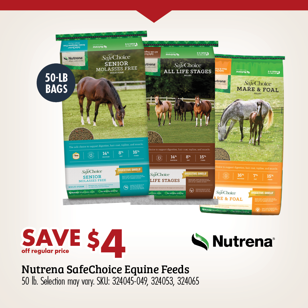 SAVE $4 off regular price Nutrena SafeChoice Maintenance Equine Feed 50 lb. SKU: 324046