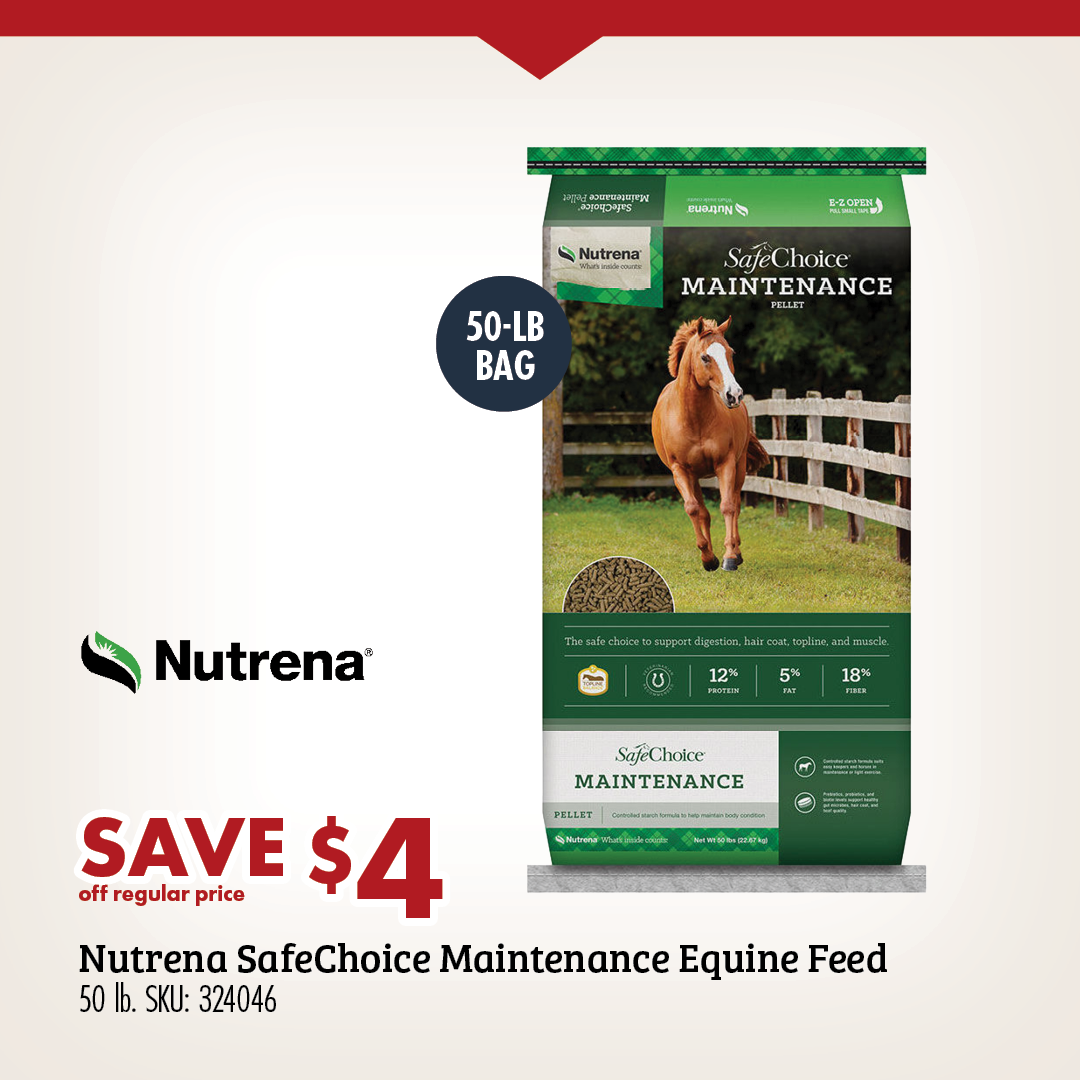 SAVE $4 off regular price Nutrena SafeChoice Maintenance Equine Feed 50 lb. SKU: 324046