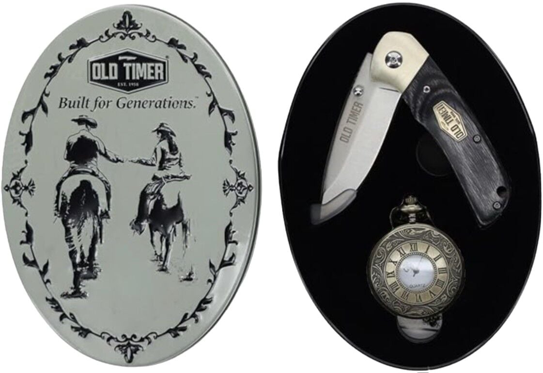 Old Timer Folding Knife & Pocket Watch Combo Tin, 3-In