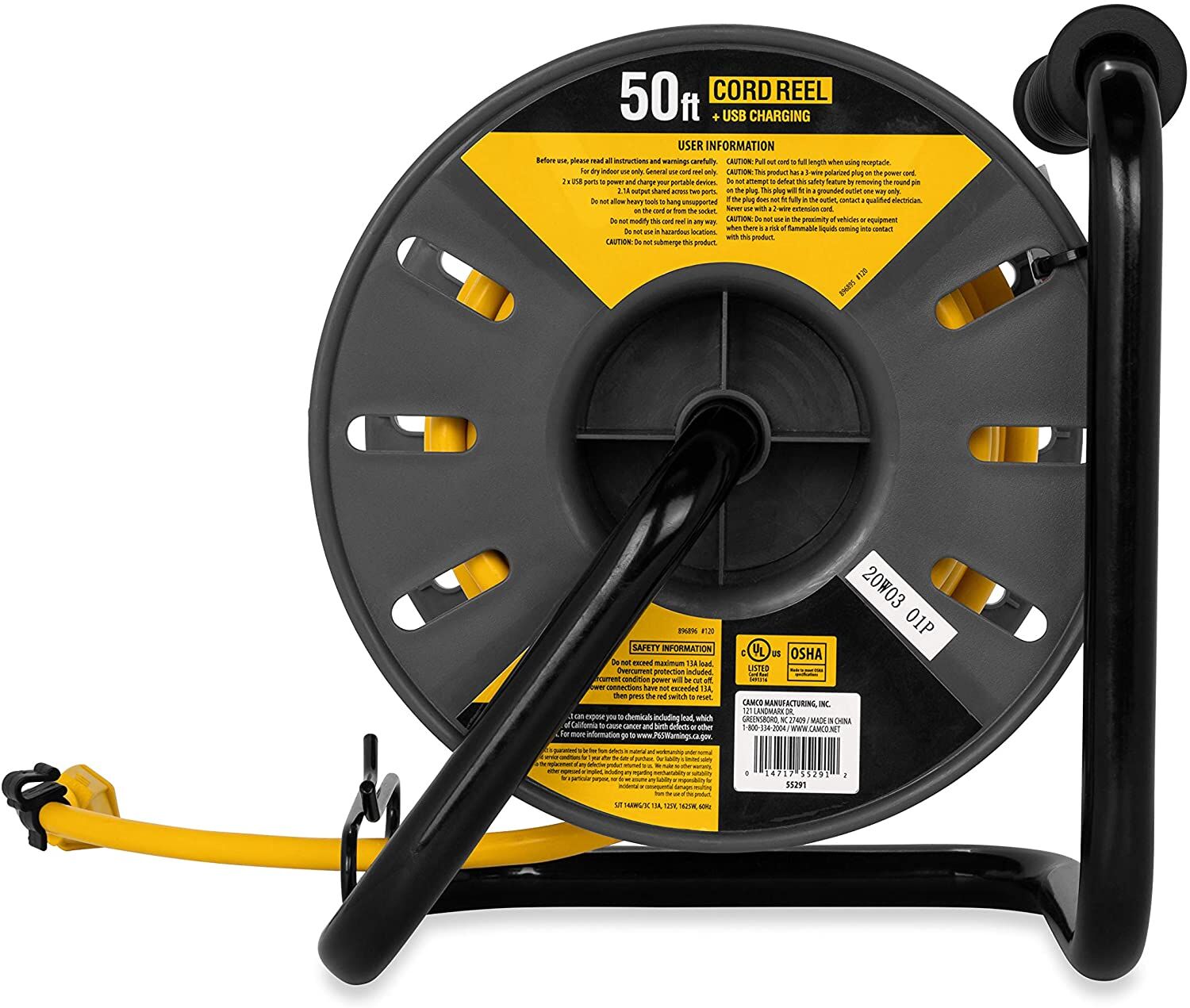 Camco PowerGrip RV Extension Cord Reel with USB Charging Port, 50-Ft