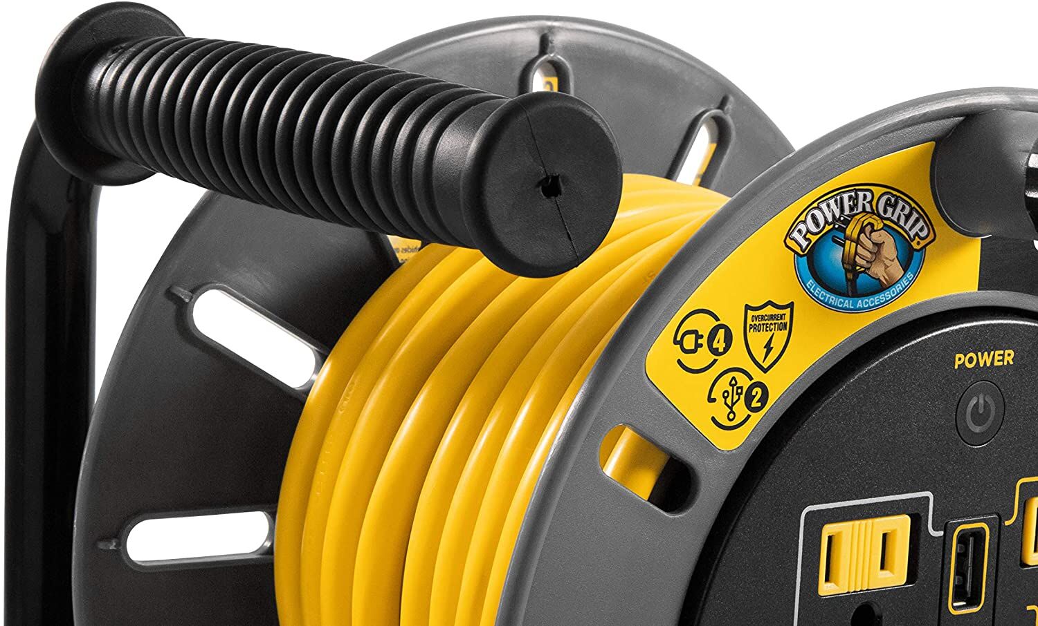 Camco PowerGrip RV Extension Cord Reel with USB Charging Port, 50-Ft