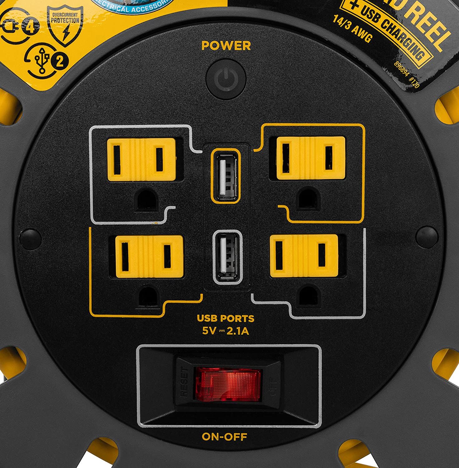 Camco PowerGrip RV Extension Cord Reel with USB Charging Port, 50-Ft