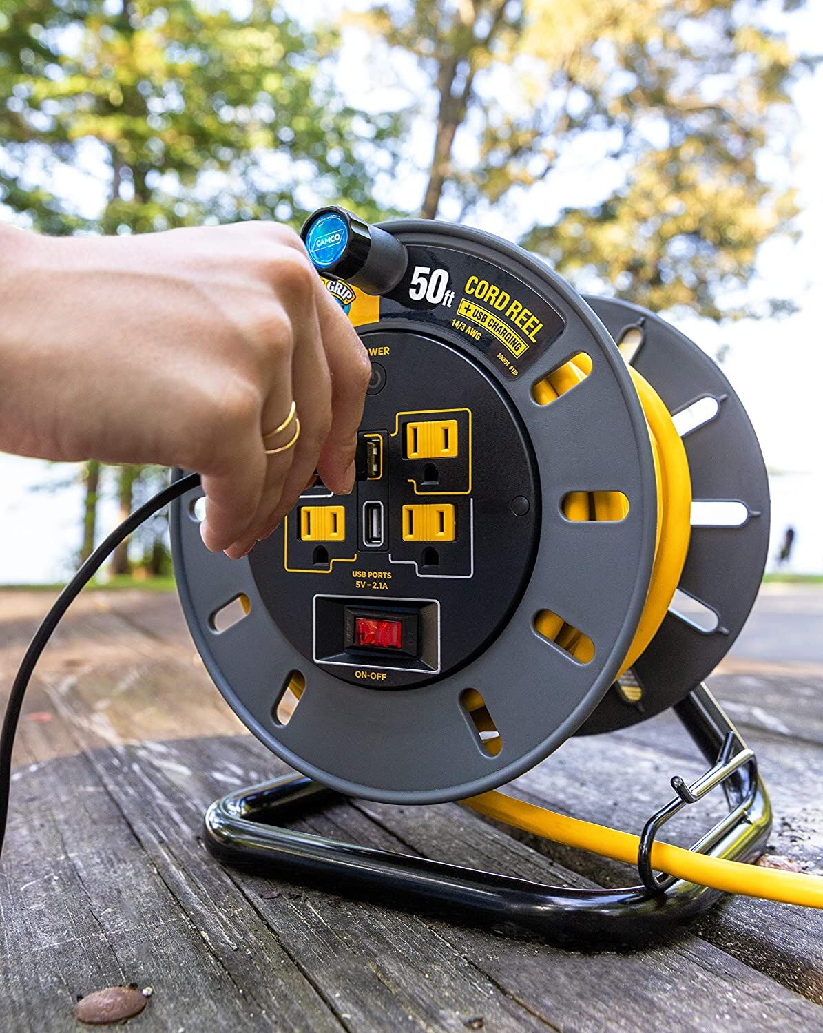 Camco PowerGrip RV Extension Cord Reel with USB Charging Port, 50-Ft