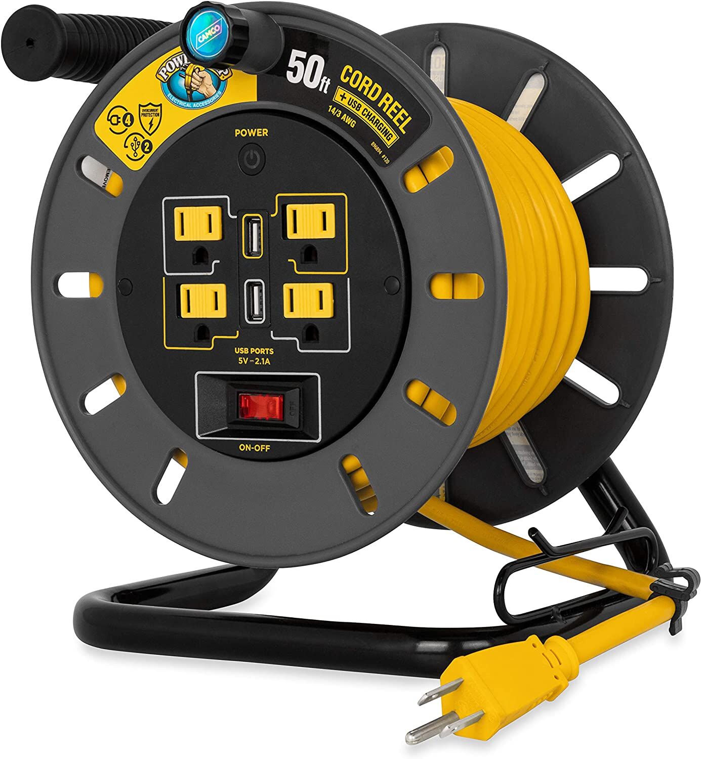 Camco PowerGrip RV Extension Cord Reel with USB Charging Port, 50-Ft