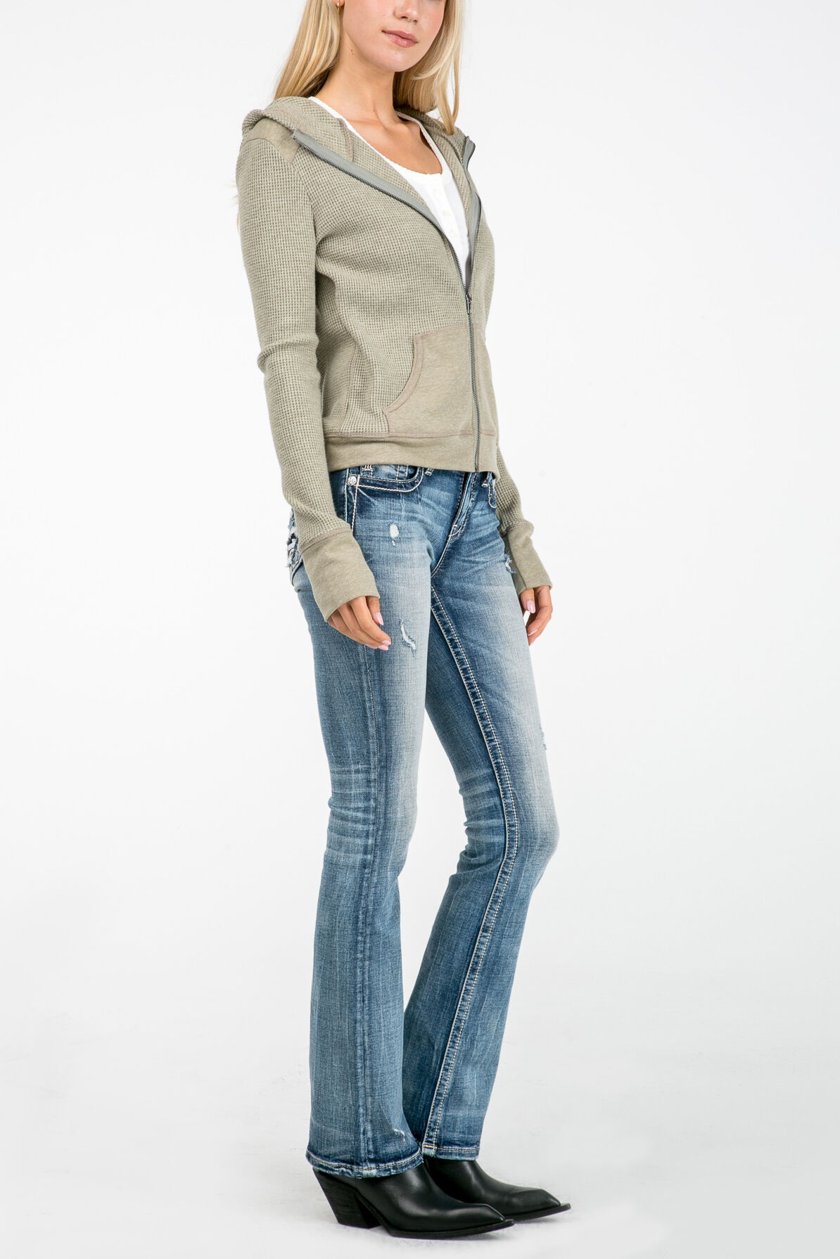 Miss Me Women's Zip-Up Waffle Knit Hoodie Jacket with Pockets