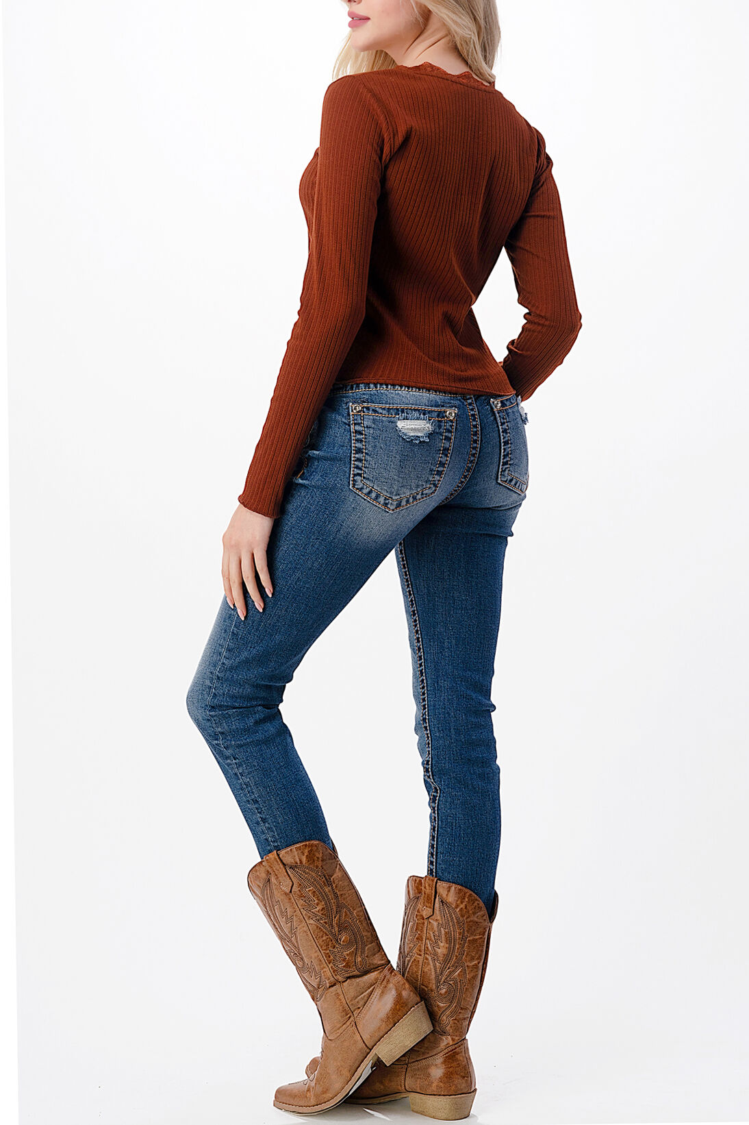 Miss Me Women's Long Sleeve Scoopneck Ribbed Knit Top with Lace Trim