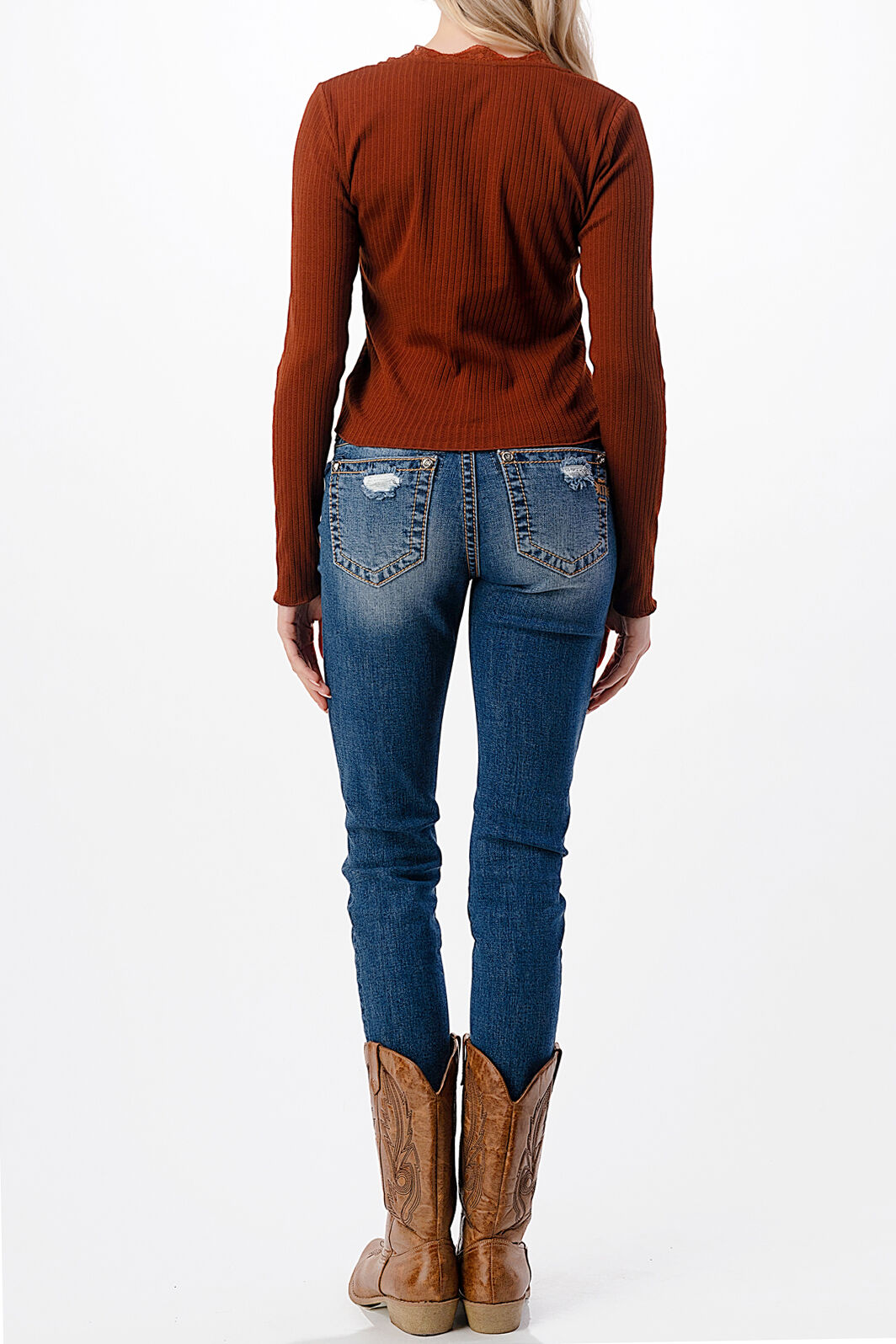 Miss Me Women's Long Sleeve Scoopneck Ribbed Knit Top with Lace Trim