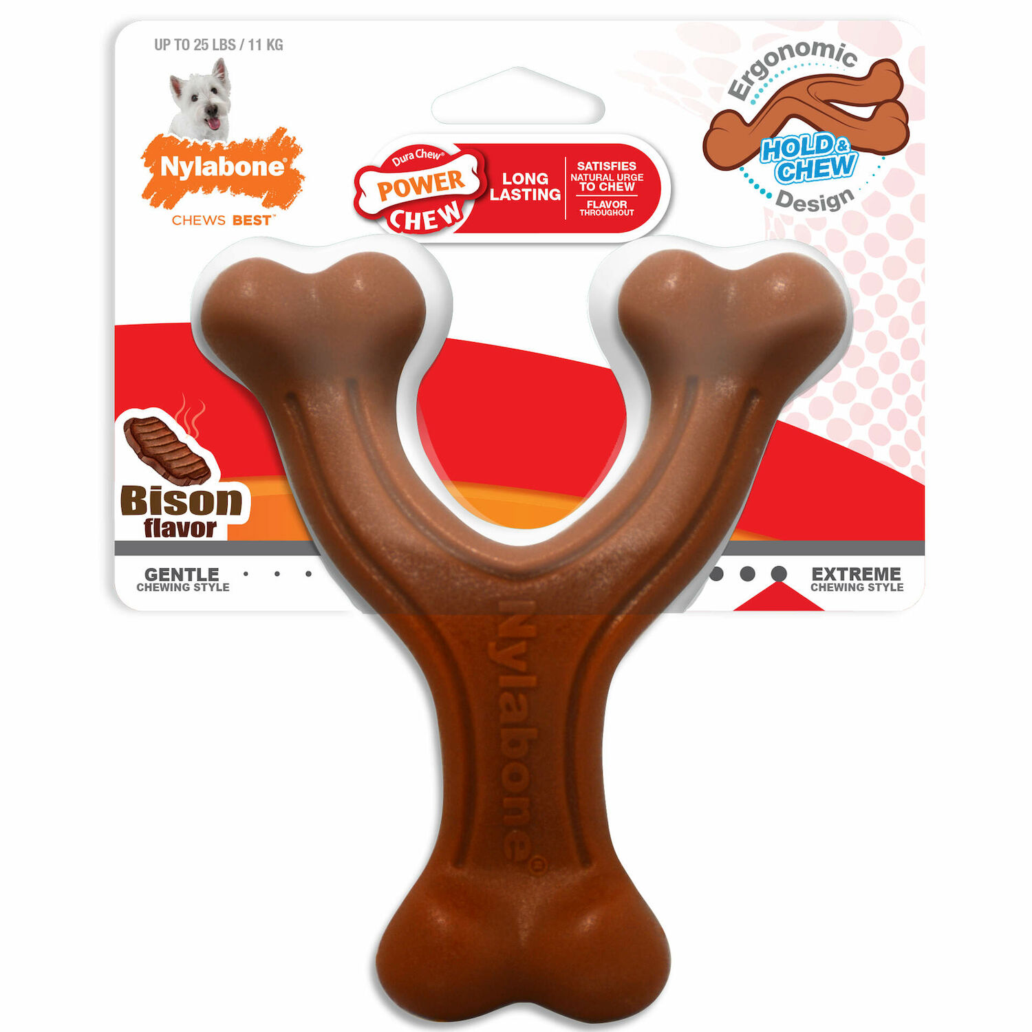 Nylabone Power Chew Bison Flavor Ergonomic Hold & Chew Wishbone Dog Toy, Small