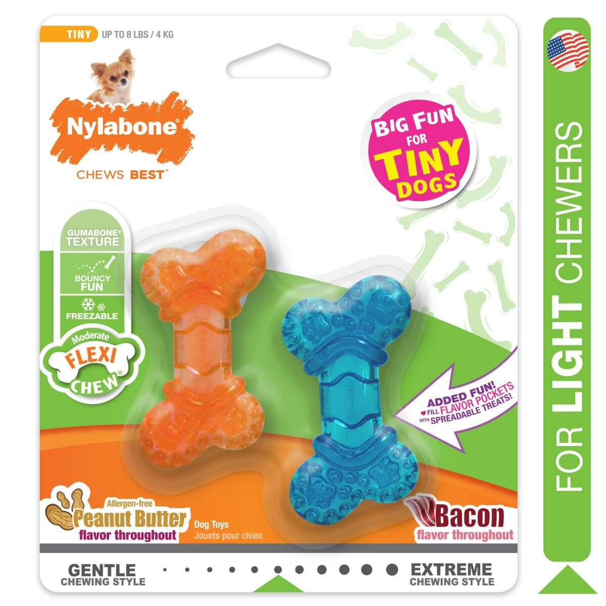 Nylabone Moderate Chew Peanutbutter & Bacon Flavor FlexiChew Bone, 2-Pk, Mini