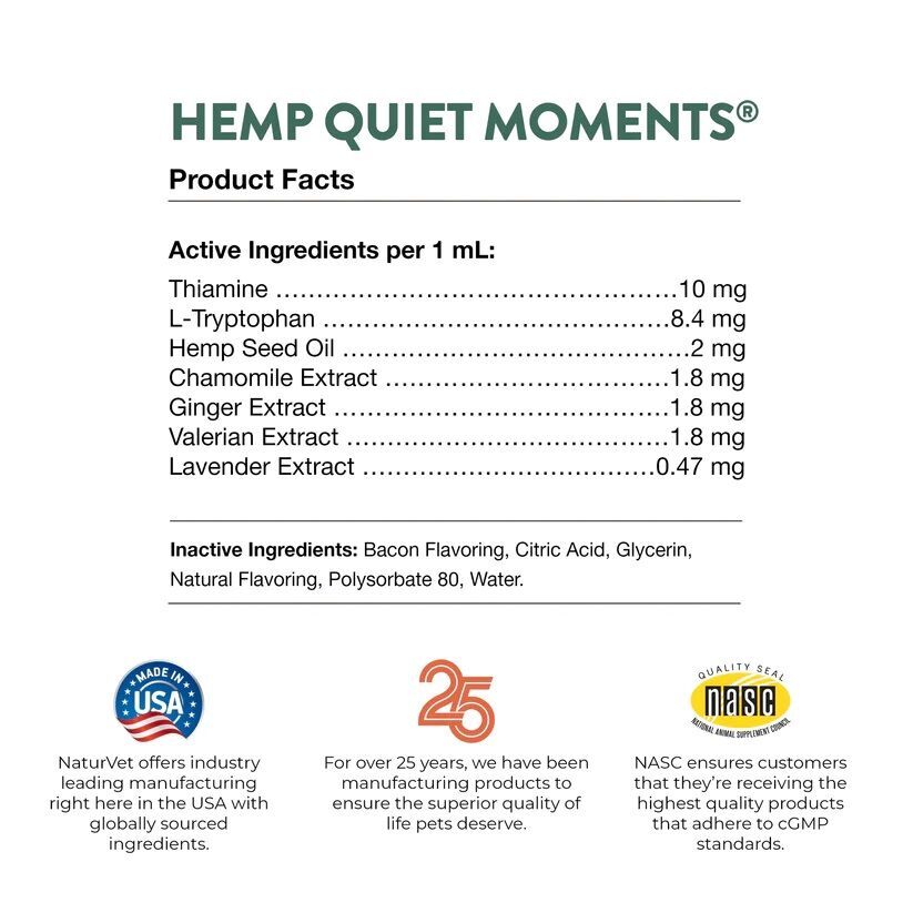 NaturVet Hemp Quiet Moments Calming Drops Calming Aid, 1-Oz