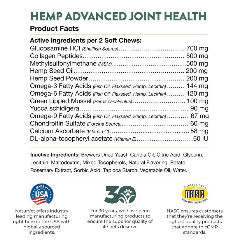 NaturVet Hemp Advanced Joint Health Soft Chews, 120-Ct