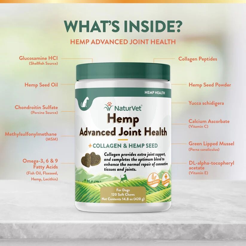 NaturVet Hemp Advanced Joint Health Soft Chews, 120-Ct