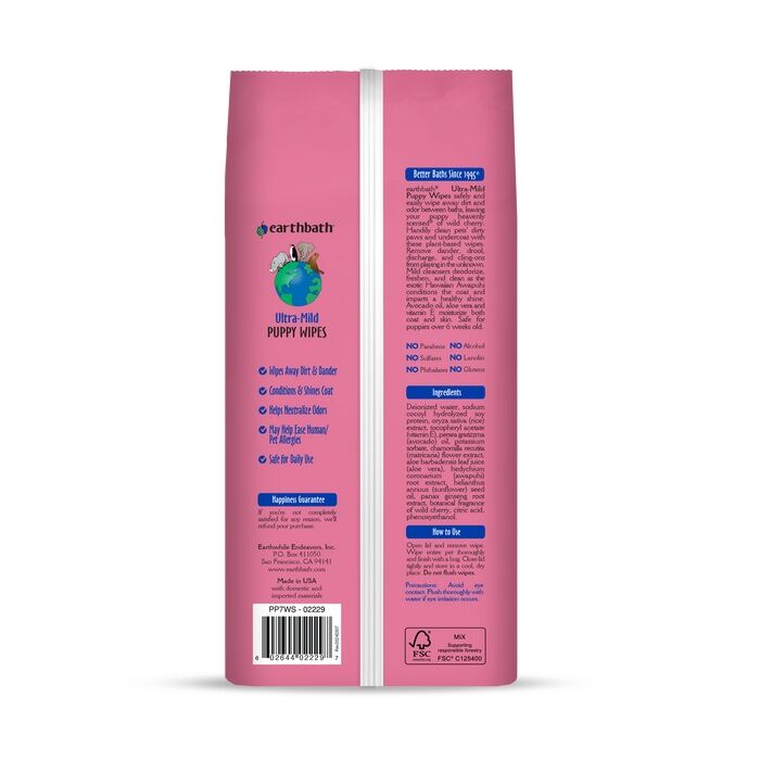 Earthbath Wild Cherry Scented Puppy Wipes, 30-Ct