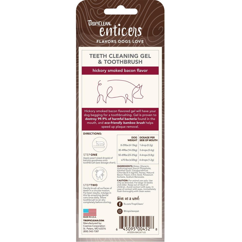TropiClean Enticers Teeth Cleaning Gel & Toothbrush for Large Dogs Hickory Smoked Bacon Flavor, 2-Oz
