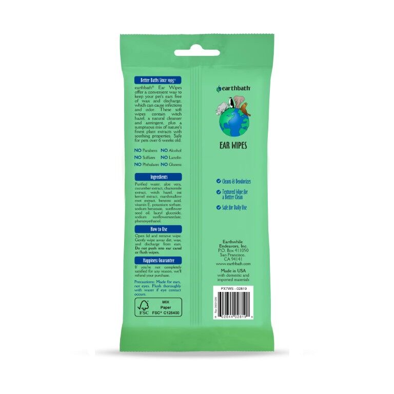 Earthbath Ear Wipes With Witch Hazel & Chamomile, 30-Ct