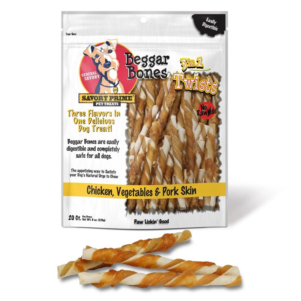 Beggar Bones 3 in 1 Twist Sticks Chicken, Vegetables, Pork Skin, 20-Ct