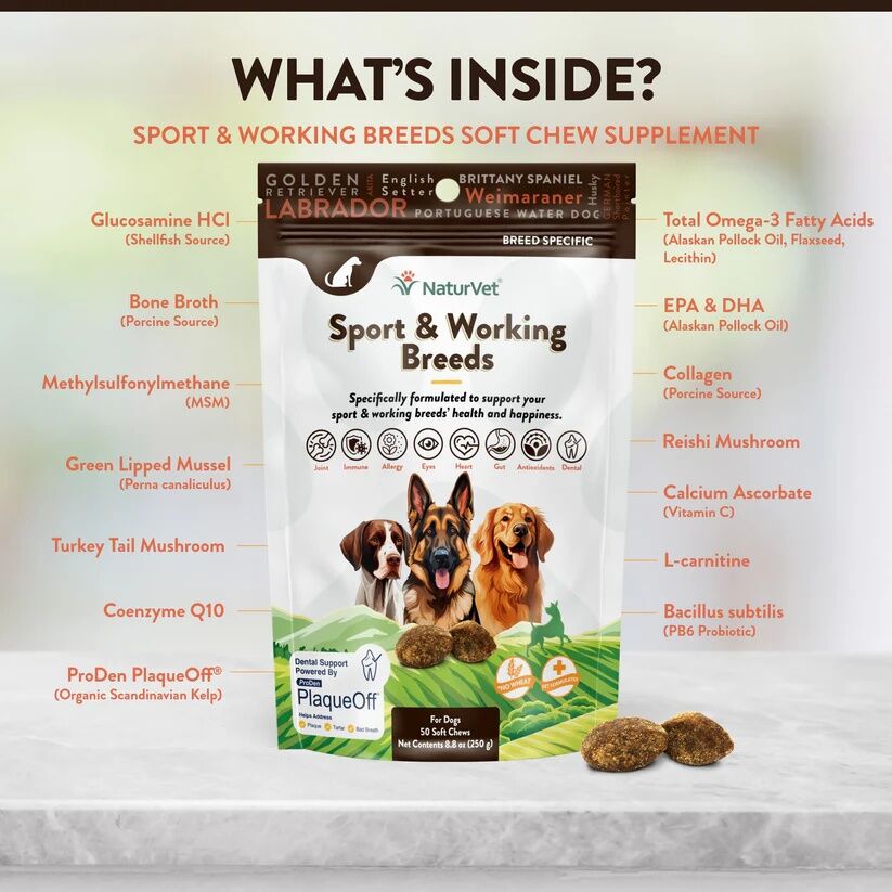 NaturVet Breed Specific Sport & Working Breed Dogs Soft Chews, 50-Ct
