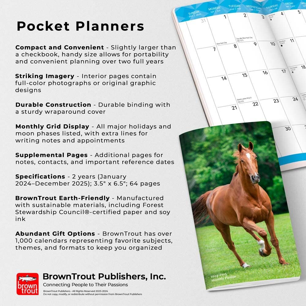 Brown Trout Publisher 2024-2025 Horse Lovers Monthly Pocket Planner Calendar, 3.5-In x 6.5-In