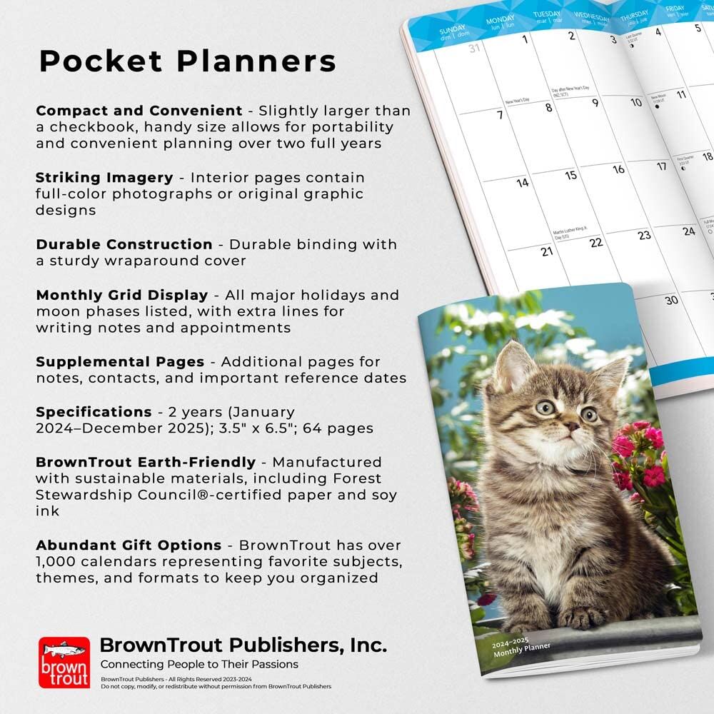Brown Trout Publisher 2024-2025 Kitten Cuddles Monthly Pocket Planner Calendar, 3.5-In x 6.5-In