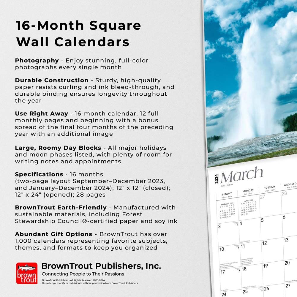 Brown Trout Publisher 2024 National Parks Monthly Square Wall Calendar, 12-In x 24-In