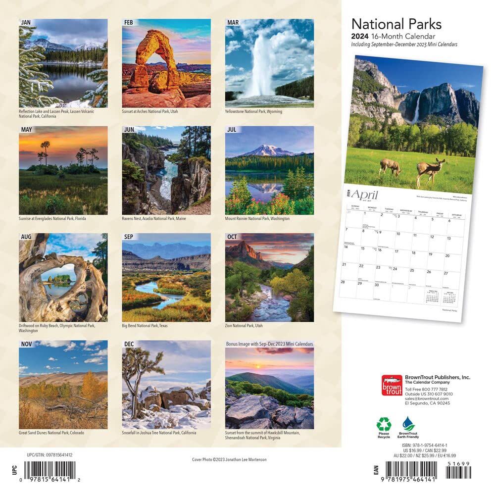 Brown Trout Publisher 2024 National Parks Monthly Square Wall Calendar, 12-In x 24-In