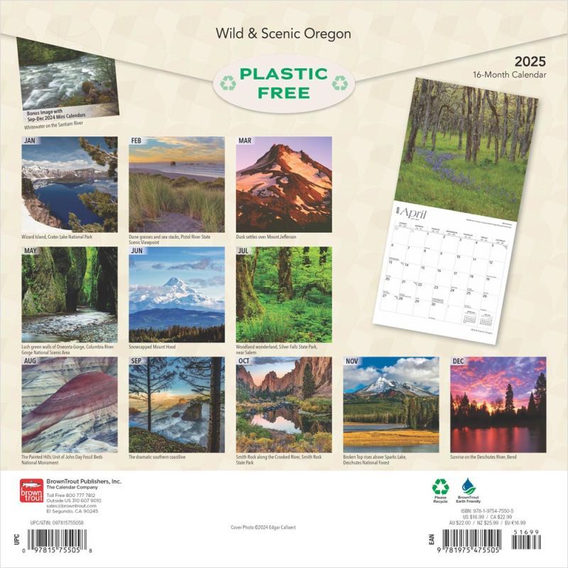 Brown Trout Publisher 2025 Oregon Wild & Scenic Square Wall Calendar, 12-In x 24-In