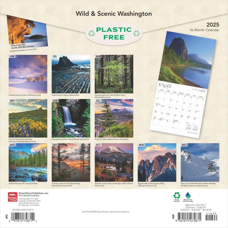 Brown Trout Publisher 2025 Washington Wild & Scenic Square Wall Calendar, 12-In x 24-In