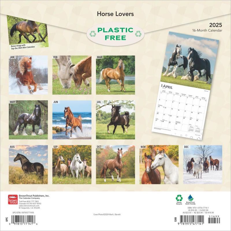 Brown Trout Publisher 2025 Horse Lovers Monthly Square Calendar, 12-In x 24-In