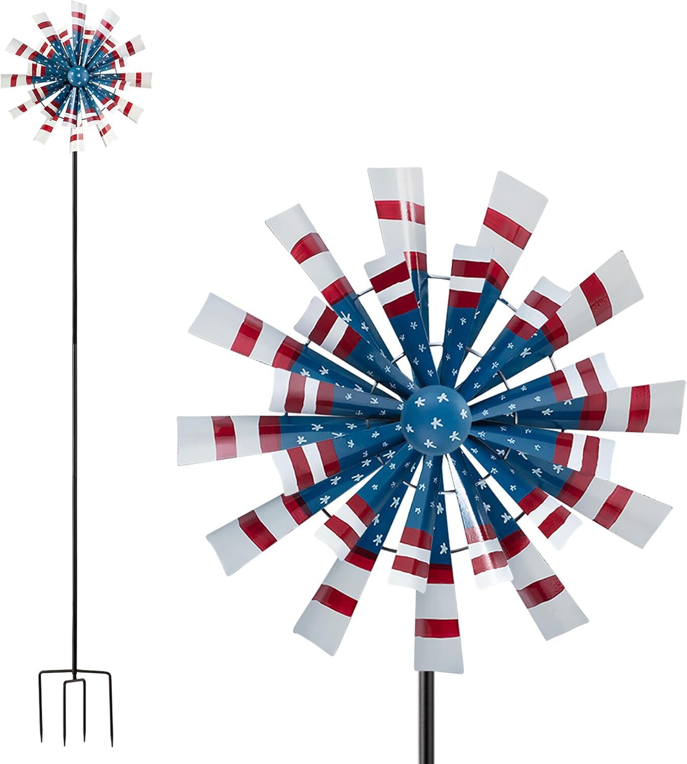 Alpine Metal Patriotic Dual Kinetic Wind Spinner Garden Stake, 75-In