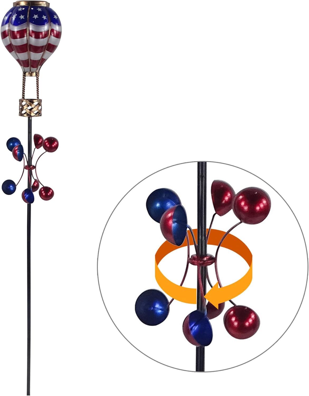 Alpine Patriotic Spinning American Flag Solar Hot Air Balloon Garden Stake, 45-In