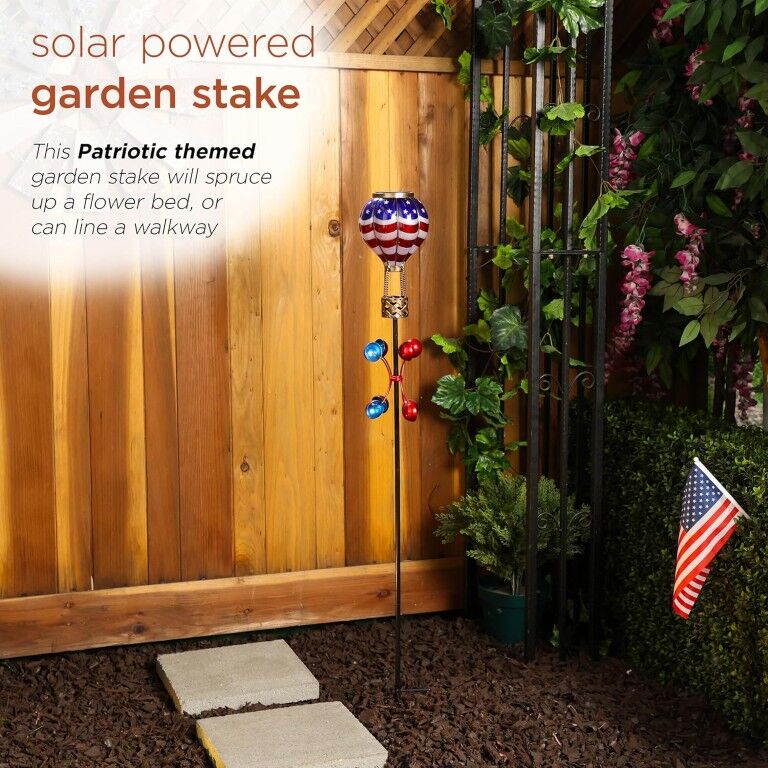 Alpine Patriotic Spinning American Flag Solar Hot Air Balloon Garden Stake, 45-In